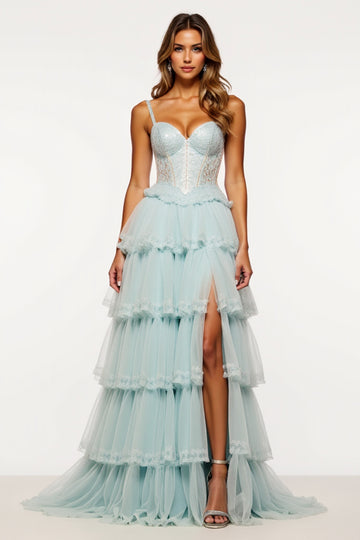Light Blue Tulle Lace Corset Long Prom Dress With Slit